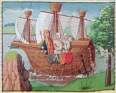 ルイ 7 世は 1145 年に何人かのシトー会修道士と共に聖地に向けて出発しました。「Ogier le Danois」のミニチュア、パリの A. Verard によって印刷されました。 作： French School