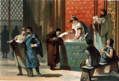 Louis VI dit Le Gros (1081-1137) は、コミューンの郵便制度の勅許を与えた。1890年頃のクロモリトグラフ。 作： French School