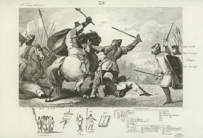 1119年のブレネヴィルの戦いでイギリス人と戦うフランスのルイ6世。 作： French School