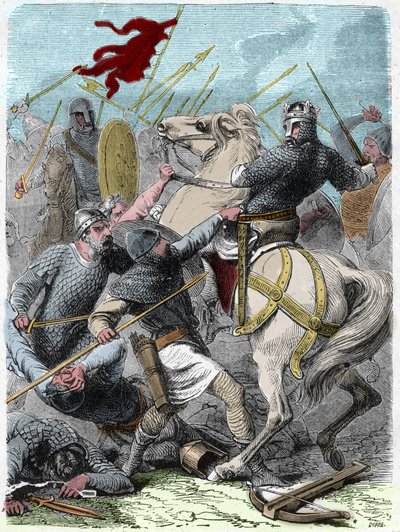 ルイ6世（1081年～1137年）は、1119年にイングランド王ヘンリー1世からノルマンディーを奪おうとし、ブレンヌヴィルの戦いで勝利しました。Histoire De France En Cent Paintings by Paul Lehugeur "1891 "に掲載されたエングレーヴィング。 作： French School