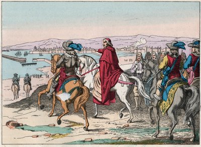 1628年10月、ラ・ロシェルのプロテスタントの武具置き場でのルイ13世（1601-1643）とリシュリュー枢機卿 - 1628年10月、ラ・ロシェルの包囲戦でのリシュリュー枢機卿とルイ13世（1602-43） - 19世紀末のエングレーヴィング 作： French School