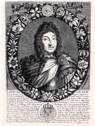 ルイ14世（1638-1715）フランス王、1680年頃（エングレービング）（モノクロ写真） 作： French School