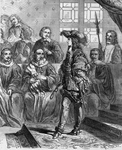 1652年、17歳だったルイ14世（1638 - 1715）は議会の前で、大統領に議会の解散を迫った。Histoire De France En Cent Paintings by Paul Lehugeur "1891 "に掲載されているエングレーヴィング。 作： French School