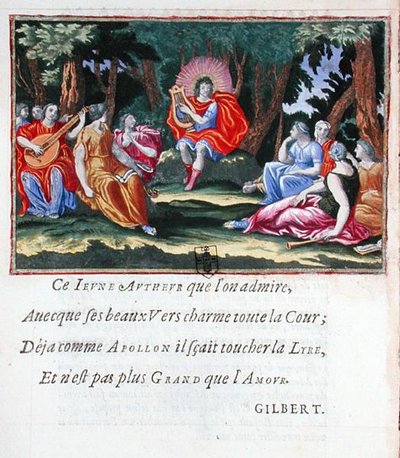 フランソワ・ド・ボシャトー（b.1645）の詩集「若き日のアポロンの竪琴」から「九人の女神とアポロン」のルイ14世。 作： French School