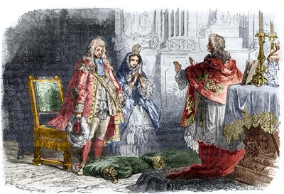 ルイ14世、マントノン侯爵夫人フランソワーズ・ドービーニュと結婚（1683/84年冬） - 国王ルイ14世（1638-1715）とフランソワーズ・ドービーニュの秘密の結婚。教皇・王・王妃・女帝の歴史」に掲載された版画 作： French School