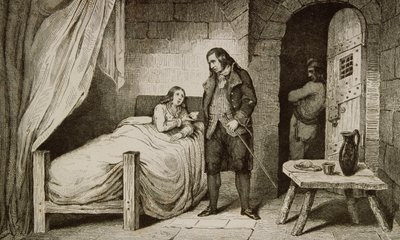 1840年頃に出版された、コラートの「フランスの歴史」からの、ルイ17世（1785-95年）の病気と投獄 作： French School