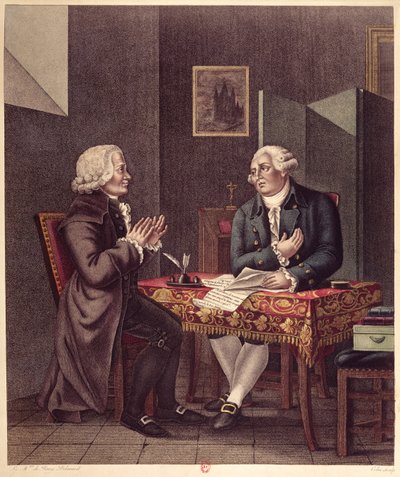 ルイ16世（1754-93）1793年12月25日、神殿でギヨーム・ド・ラモニョン・ド・マルセルブス（1721-94）への遺言と遺言を読む 作： French School