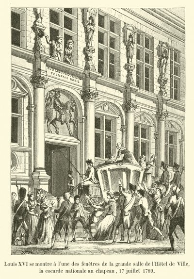 1789年7月17日、ルイ16世は国会議事堂の帽子をかぶったオテルドヴィルの大ホールの窓の1つに映っています 作： French School