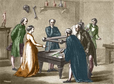 ボローニャの教授ルイジ・ガルバーニは、1780年に電気によるカエルの筋肉の刺激を発見しました（1896年の "Album of Science; illustrious scientists; Great discoveries"）。 作： French School