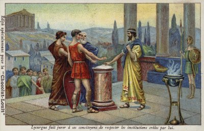 仲間の市民に彼によって設立された制度を尊重することを誓わせるスパルタのリカーガス 作： French School