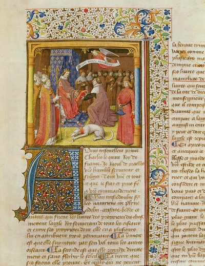 MS 246 f.1rラウル・ド・プレスルラウル・ド・プレスル（1316-82）訳による聖アウグスティヌス作のラ・シテ・ド・デューからシャルル5世（1338-80）への彼の翻訳を発表c.1400-50 作： French School