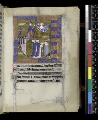 MS 300 f.107r ダビデは神に祈る（上）、2人の聖職者（下）、1265年から70年頃のパリ、イザベラ・オブ・フランスの詩篇と時祷から（羊皮紙にペンとインク、テンペラ）。 作： French School