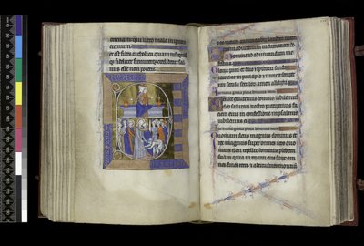 MS 300 f.177v-178r 「マチス」 ベンチに置かれた2つの壷の間に座る聖母子（上）、「キリストの裏切り」 ユダがキリストにキスをし、聖ペテロがマルカスの耳を切り落としている（下）、1265年から70年頃にパリで制作された「イザベラ・オブ・フランスの詩篇と時祷」より（ペンと 作： French School