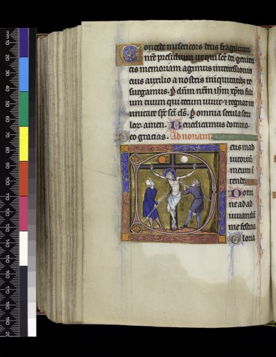 MS 300 f.217v 「磔刑」（パリ、1265年から70年頃、フランスのイザベラの詩篇と時祷から）（羊皮紙にペンとインク、テンペラ 作： French School