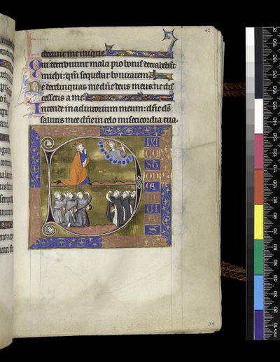 MS 300 f.42r『雲の中で神に祈るダヴィッド』パリ、1265年から70年頃のイザベラ・オブ・フランスの『詩篇と時祷』より（羊皮紙にペンとインク、テンペラ）。 作： French School