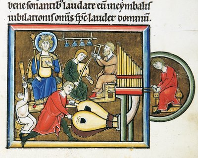 MS CXXXVII fol.149r 『聖エリーザベトの詩篇』より 詩篇を持つダビデ王と演奏する音楽家たち（ヴェラムにテンペラと金箔 作： French School