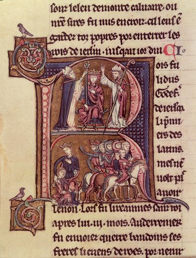 MS Fr 9081 f.99v 1204年にラテン皇帝として戴冠されたフランダースのボールドウィン1世（1171-1205）と、子供を送り出すトルコ人女性に対する寛大さを描いた歴史的な初期R 作： French School