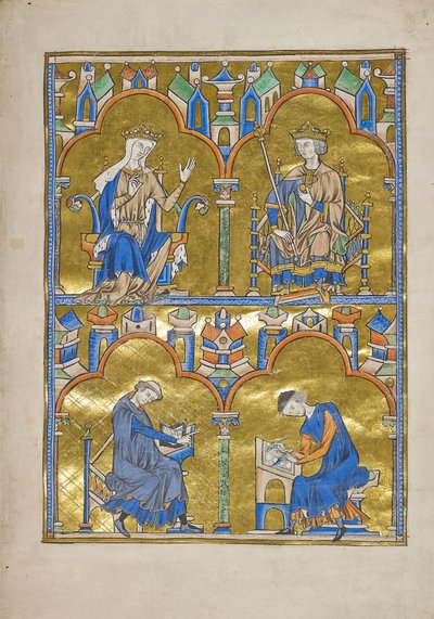 MS M.240 f.8r、カスティーリャのブランシュとフランスのルイ9世以下：書記に口述する著者、聖ルイの聖書（道徳化された聖書）、おそらくパリ 作： French School