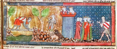 M. 806 f.166ランスロットは、1344年にロマンドランスロットデュラックから出された鋭い剣で橋を架けられた川を渡ることによって、ギネヴィアへの愛情を証明しています。 作： French School