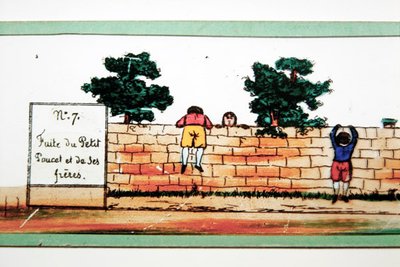 おとぎ話「トム・サム」のシーンを描いたマジック・ランタンの画像 - トム・サムと彼の兄弟が鬼の家から逃げる、19世紀半ば（色紙） 作： French School