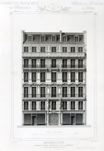 Maison A Loyer、No 3 Rue de la Paix、パリ。 C19thでのプライベートアーキテクチャ 作： French School