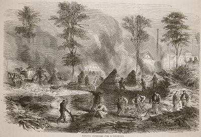 火薬用の木炭を作る、1870年から1871年のフランスとドイツ間の戦争のカッセルズ歴史からのイラスト 作： French School