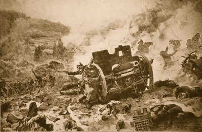 ついにマンツーマン！ 1914〜19年、アルゴンヌの雨に覆われた渓谷で飛行中のドイツ軍砲兵を追跡するフランスの歩兵 作： French School