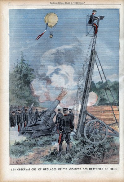 砲の発射テストのためにググムスの梯子を使ったLangresでのフランス軍の機動と観察（「Le Petit Parisien」1906年08月26日付）（刻印あり 作： French School