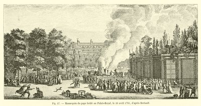 1791年4月16日、パレロワイヤルで教皇マネキンが火傷し、ブルトーを非難する 作： French School