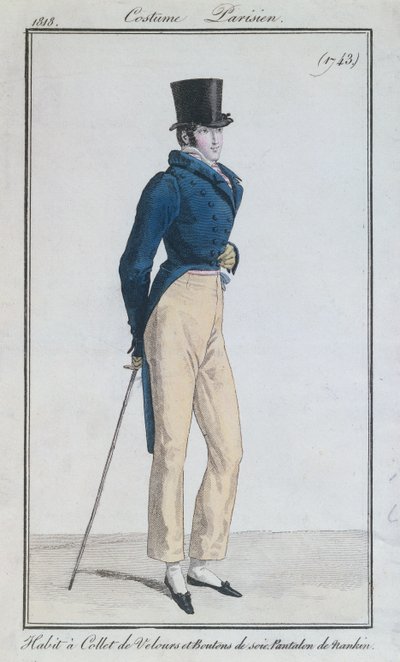 ベルベットの襟、シルクのボタン、ナンキーンパンツのマンスーツ、1816年 作： French School