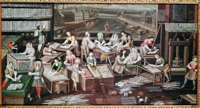 ドーフィン広場の家でのトランプ製造（扇子のデザイン、紙にグワッシュ、1680年頃 作： French School