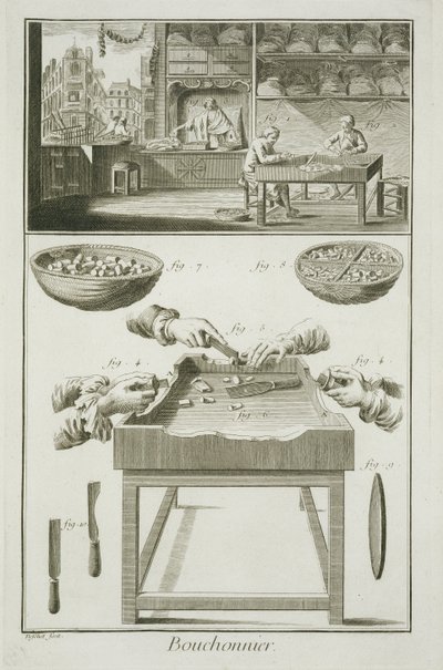 ボトルコルクの製造、Denis Diderot（1713-84）によるEncyclopedie des Sciences et Metiersによるc.1770の発行 作： French School