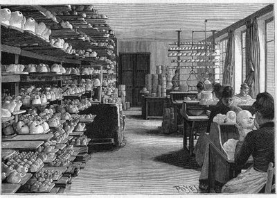 1888年のモントルイユ人形の製造。調理前の人形の頭を乾燥させたり、目をデコパージュするための部屋。 作： French School