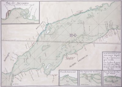 アフリカの角とイエメンからジッダまでの紅海南部の写本地図、1740年頃 作： French School