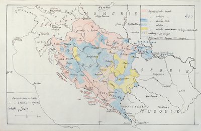 少数民族グループが占める地域の詳細を含むボスニアの地図、1910年（ペン、インク、トイレ） 作： French School