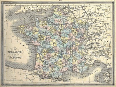 フランスの地図 - 1851年頃、ヴュイルマンの「Atlas universel」に掲載されたもの。 作： French School