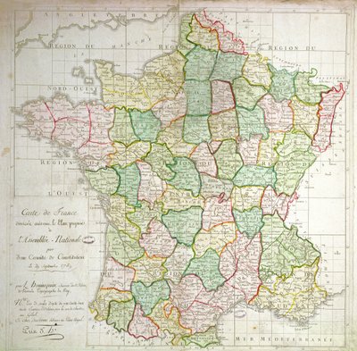 1789年に部門を分割する計画を示すフランスの地図（カラーリソ＆インク） 作： French School