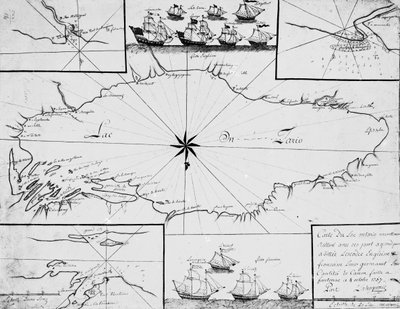 オンタリオ湖の地図と英仏の船団 作： French School