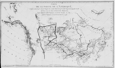 北アメリカの地図、1789年と1798年のサーアレクサンダーマッケンジーの北極海への遠征をプロット 作： French School