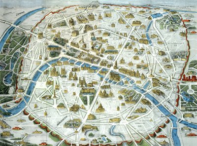 1882年の都市の有名なモニュメントを描いたパリの地図 作： French School