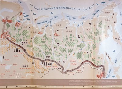 この地域の広大な天然資源を示し、貿易を開拓する海路を描いたシベリアの地図、1933年 作： French School