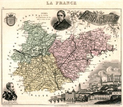 モントーバンの景色とイングレスとジャン・パリゾ・ド・ラ・ヴァレットの肖像画を含むタルネ・ガロンヌの地図（カラー・リソ） 作： French School