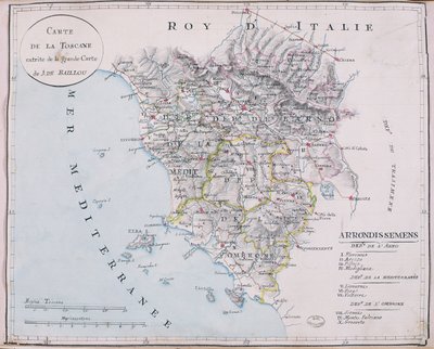 トスカーナの地図、J. de Baillouの大きな地図の詳細（鉛筆、インク、水彩、紙 作： French School