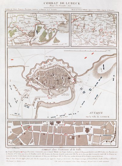 リューベックの戦いでの戦闘の地図。フランス、プロイセン、スウェーデン、デンマークの軍隊の位置を示しています。 作： French School