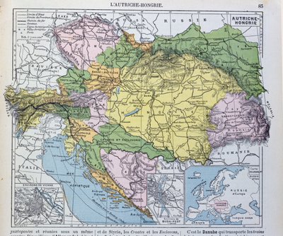 オーストリアハンガリー帝国の地図、1905年のフランスの地理学校の教科書からのイラスト 作： French School