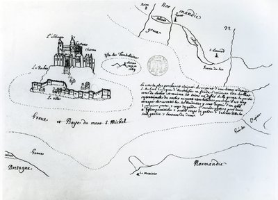 モンサンミシェル湾の地図（紙にペンとインク） 作： French School