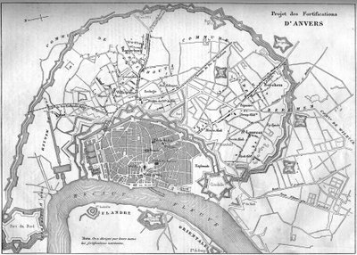 1859年のアントワープ（ベルギー）の地図、新要塞計画を表す。9月24日付「Le Monde Illustré」128号に掲載された図版 作： French School