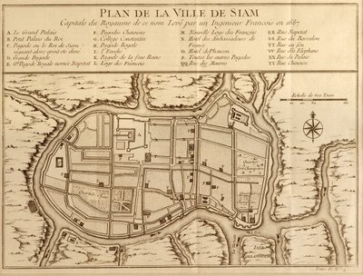 アントワーヌプレヴォストのヒストワールジェネラルデヴォヤージュの1751年版で公開された、1687年にフランス人エンジニアが行った調査の後、その名前の王国の首都であるサイアムの街の地図 作： French School