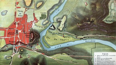 ベルナデット・スービロウスが幻視を見た年、1858年のルルドの国の地図：彼女の家と洞窟の位置が示されている。ピレネー山脈の高地（65）。アンリ・ラセール作「ノートルダム・ド・ルルド」のクロモリ写真 作： French School