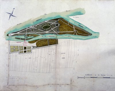 ムーラン・ジョリーの庭の地図。国立公文書館に保管されているコロンブ領地の地図帳（1780年）のプレート。 作： French School